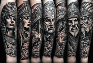 Leg sleeve tattoo of warrior heads from
 Different eras tattoo idea