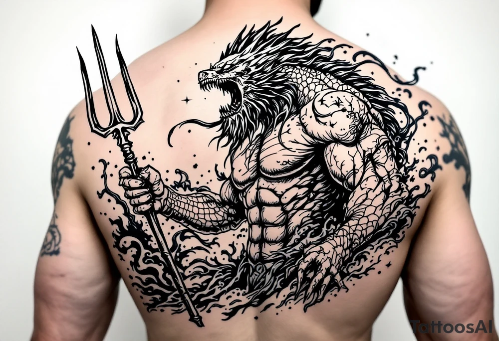 powerful poseidon with trident, surrounded by water and marine life tattoo idea powerful poseidon with trident, surrounded by water and marine life tattoo idea