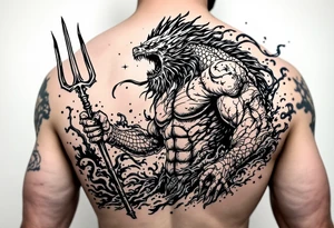 powerful poseidon with trident, surrounded by water and marine life tattoo idea