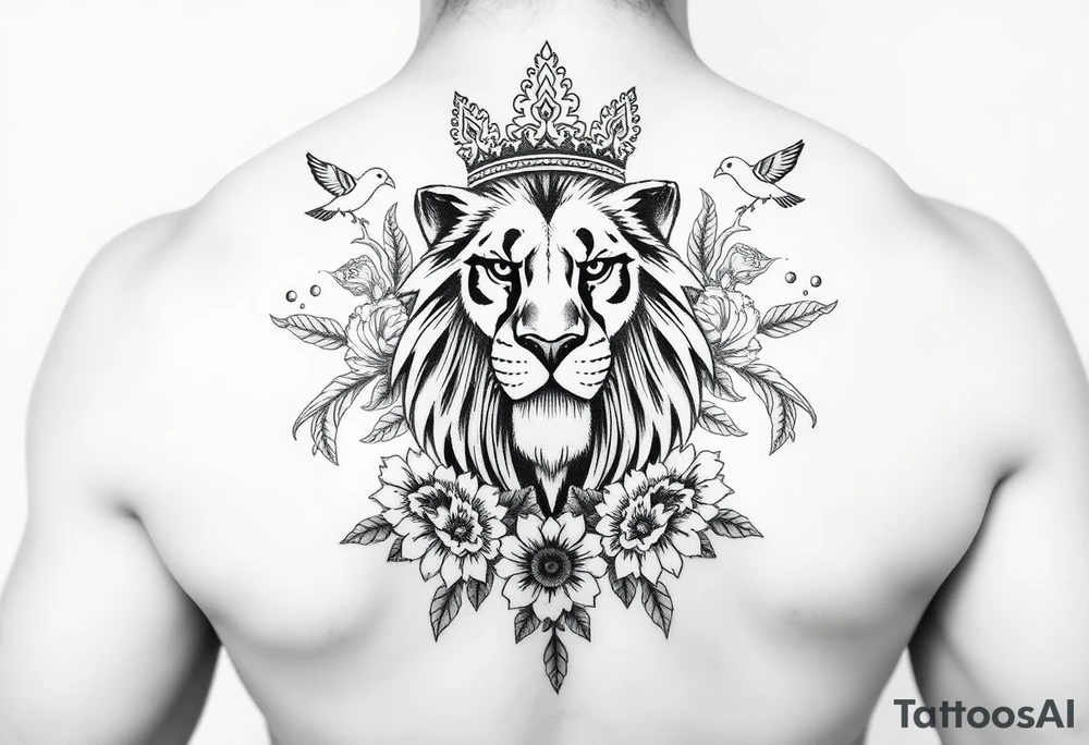 powerful majestic lion with a crown, surrounded by floral ornaments and birds tattoo idea