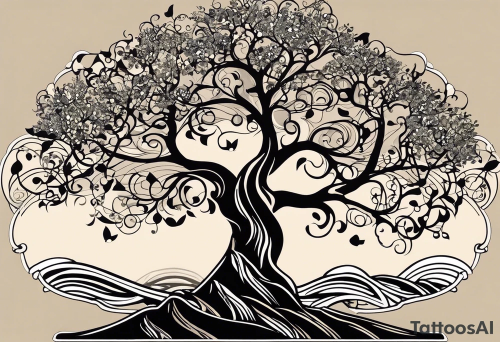an abstract Tree of Life tattoo. It should have roots growing out of the bottom. The roots slowly turn into water from the Great Wave by Hokusai. A golf flag should be placed discreetly growing out of the ground. 2 license plate tags should be hanging from the tree. Place a few music notes in the areas the leaves should be. The letters A U should be engraved into the tree trunk in a heart. tattoo idea