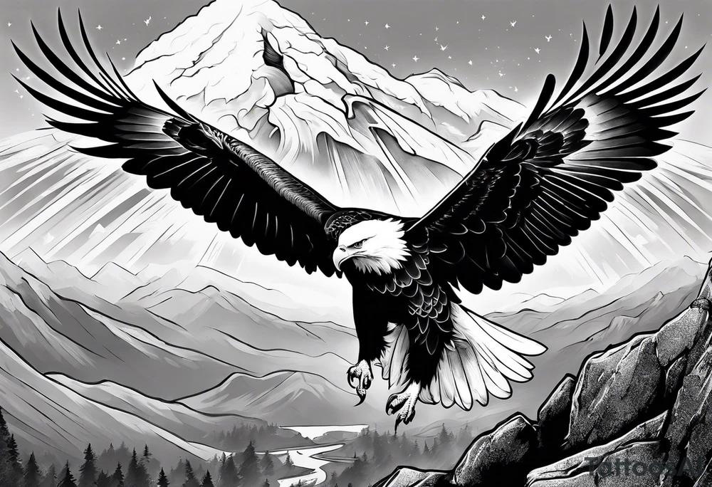 Eagle and a White Dove reunite on a mountain top tattoo idea