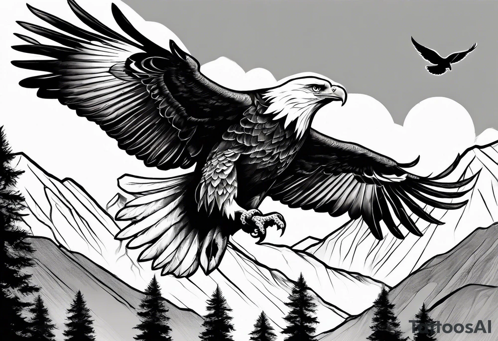 Eagle and Dove flying together over a mountain with trees in the background tattoo idea