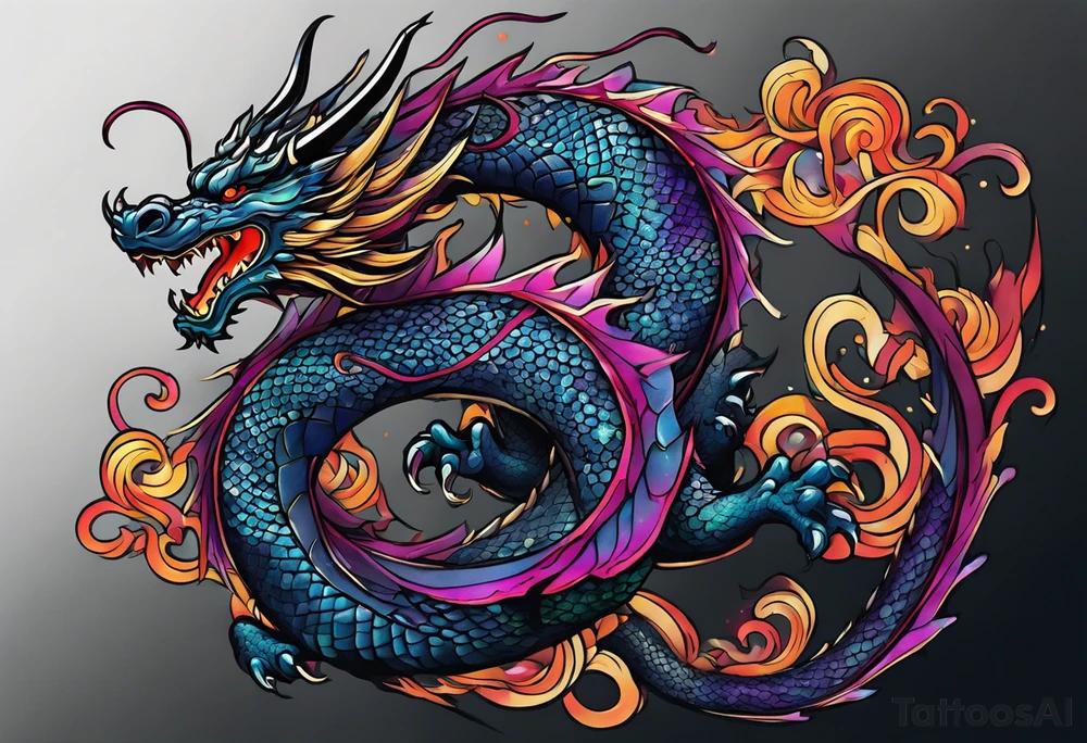 An epic floating asian dragon. Its long body coiling dynamically, with scales and horns detailed to create a sense of movement and strength. The dragon's color is giving a vibrant depth and a mystical aura. This tattoo highlights the dragon’s fierce expression and sharp claws. tattoo idea