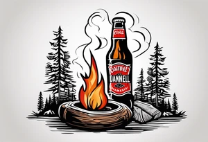 American traditional tattoo of campfire in the woods with a coke can and gentleman jack Daniel's bottle tattoo idea