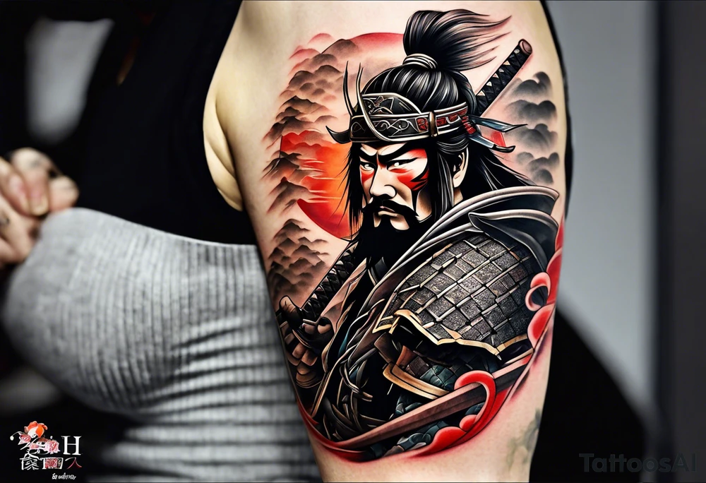 Samurai war themed full sleeve tattoo idea