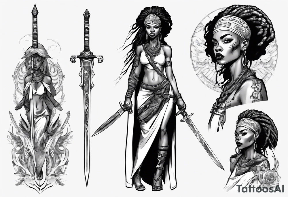 African female full body valkyre slim face presenting sword tattoo idea