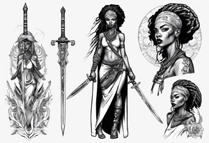 African female full body valkyre slim face presenting sword tattoo idea