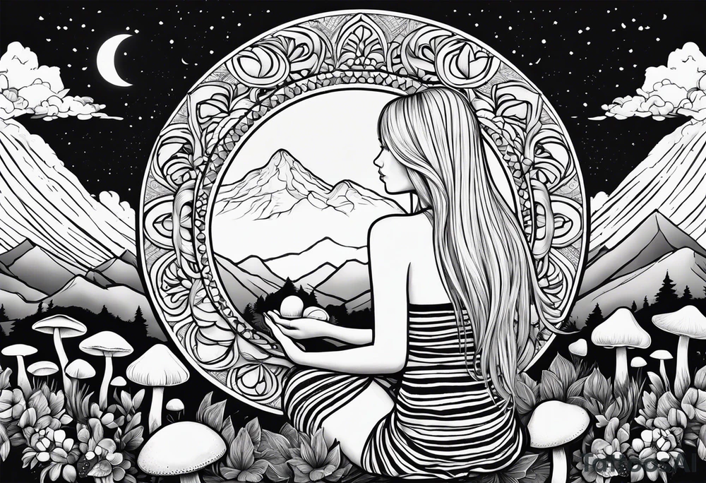 Straight blonde hair girl holding mushrooms in hand meditating facing away toward mountains surrounded by mushrooms crescent moon mandala circular design black and white striped dress tattoo idea