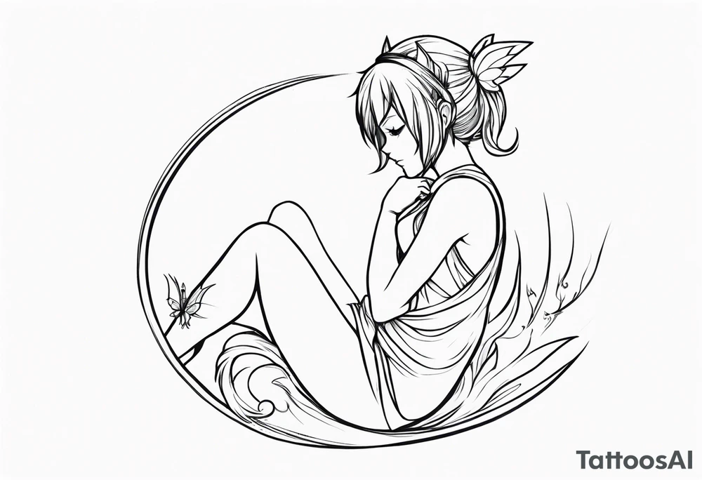 No color sketch of a fairy with a tail inspired by the guild symbol in the anime show called Fairy Tail in a fetal position leaning in and forward while crawled in tattoo idea