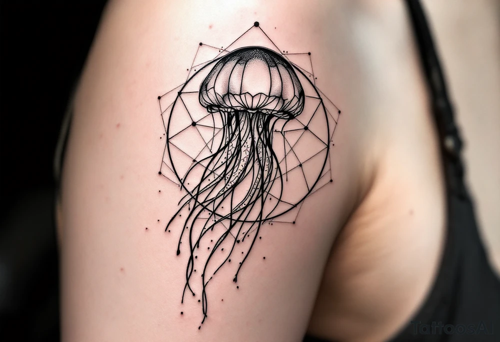 fine-line tattoo, single jellyfish, sacred geometry surround, dotwork patterns, jellyfish bell dome, flowing tentacles, trailing streamers, geometric mandala, radiating dotwork, minimalist design, black grey lines, soft shading, no outlines, geometric frame, organic jellyfish form, upper arm shoulder placement, light airy feel, delicate linework, geometric backdrop, refined elements, clean lines, radiating patterns, jellyfish centerpiece tattoo idea