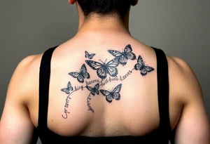Six Butterflies with kids names streaming down arm tattoo idea