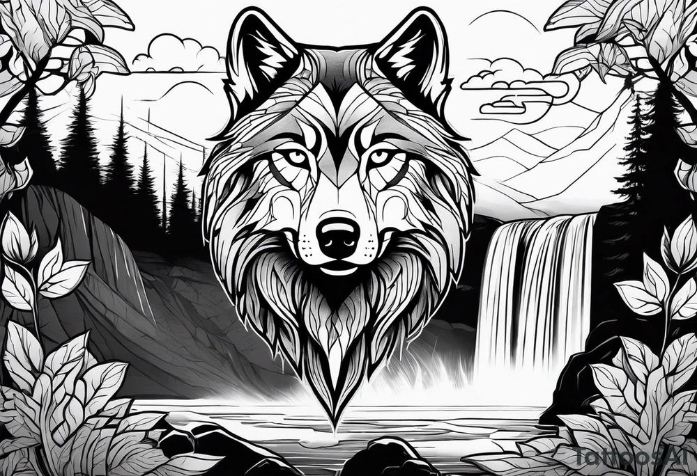 Wolf face with waterfall and nature in the background tattoo idea