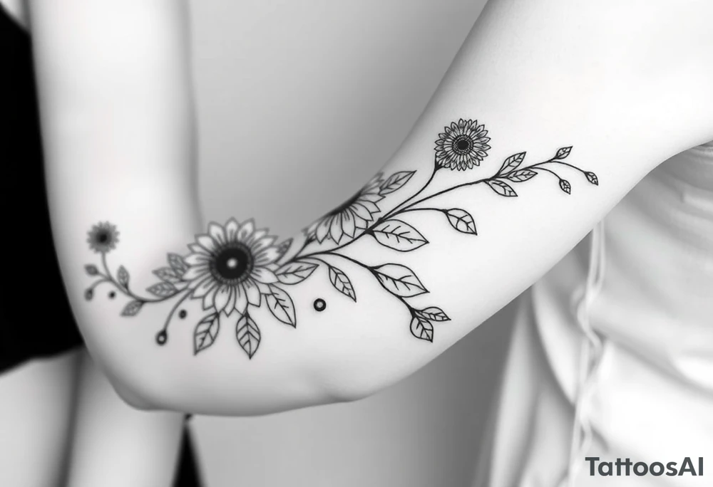 Dainty Bohemian stylized sunflowers growing along an infinity symbol shaped vine tattoo idea