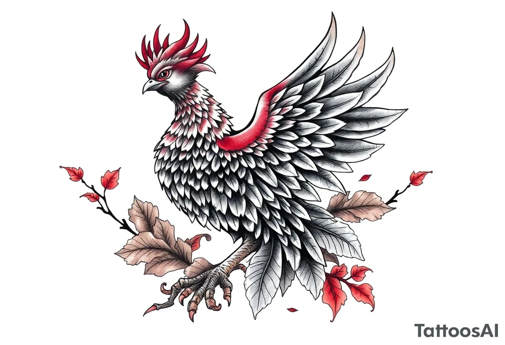 powerful majestic japanese phenix surrounded by marple leaf tattoo idea