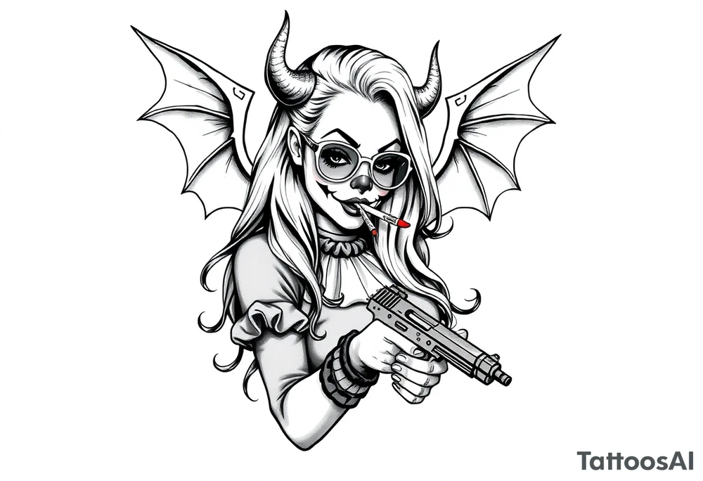 beautiful long hair Clown Girl thug eyeglasses devil wings smoking a cigarette holding a gun tattoo idea