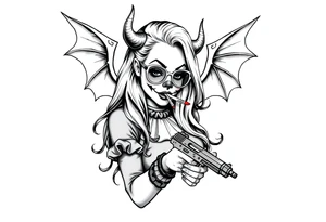 beautiful long hair Clown Girl thug eyeglasses devil wings smoking a cigarette holding a gun tattoo idea