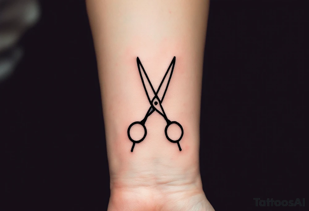 Minimalist Scissors Tattoo – Simple black outline of scissors with a thin, crisp line running through the blades, creating a clean and precise look, perfect for someone who enjoys minimalism and simplicity. tattoo idea