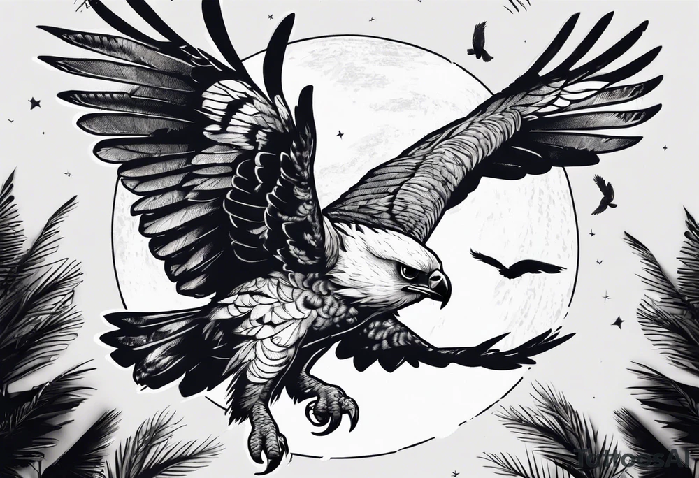 harpy eagle at night flying in the moonlight dark aesthetic tattoo idea