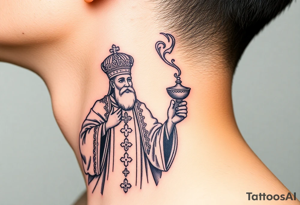 Russian Orthodox Priest in a fully detailed gold vestment swinging a censer with smoke curling upward tattoo idea