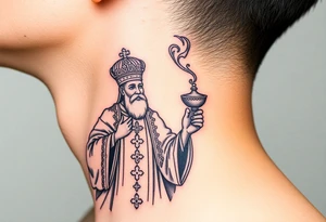 Russian Orthodox Priest in a fully detailed gold vestment swinging a censer with smoke curling upward tattoo idea