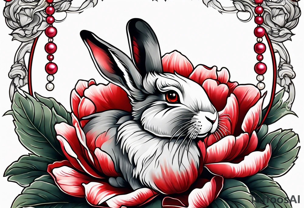 Rabbit on Red peony with dangling pearl necklace tattoo idea
