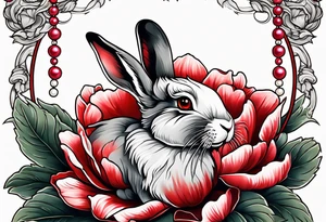 Rabbit on Red peony with dangling pearl necklace tattoo idea