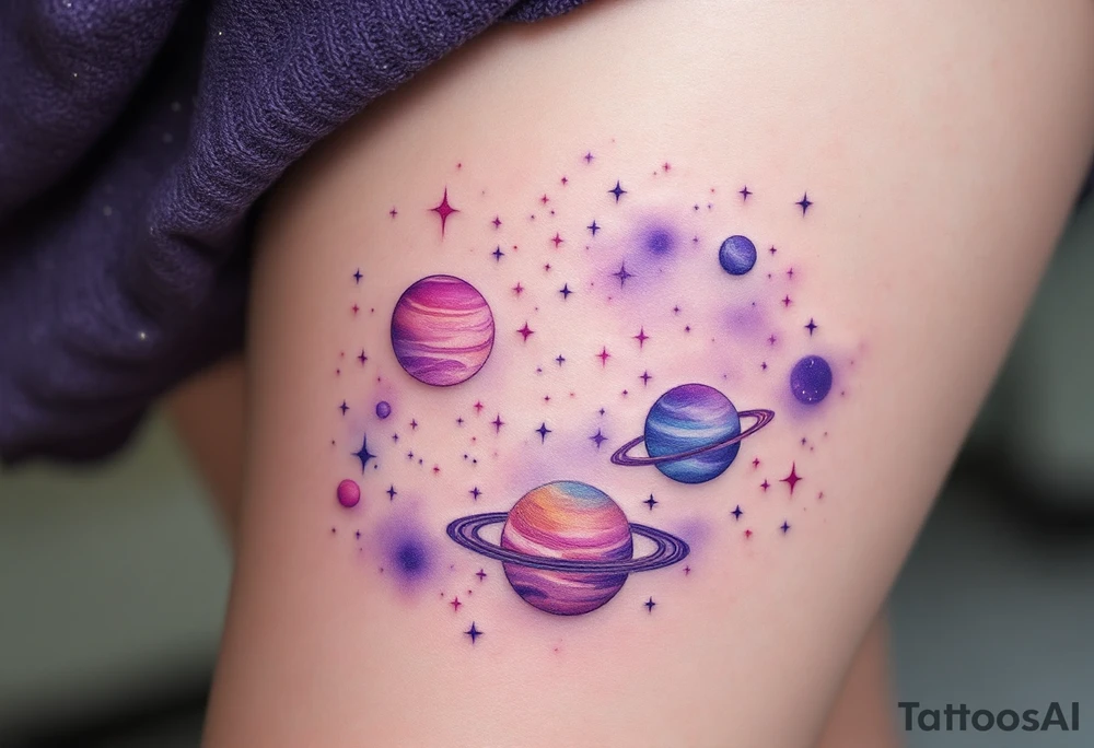 A dreamy cosmic scene on the thigh with Sagittarius stars constellation surrounded by planets in soft pastel purples and pinks. tattoo idea