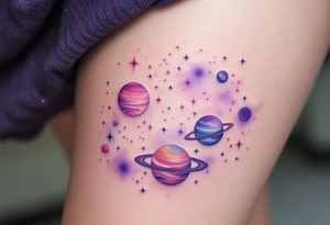 A dreamy cosmic scene on the thigh with Sagittarius stars constellation surrounded by planets in soft pastel purples and pinks. tattoo idea