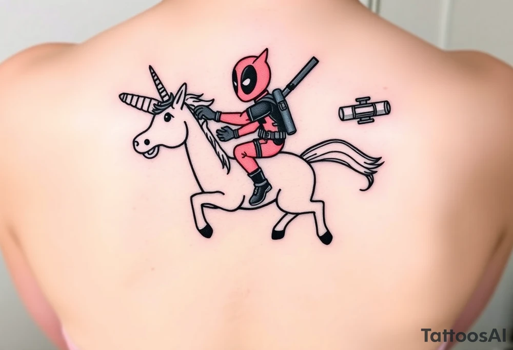 Deadpool riding unicorn pointing rocket propelled grenade launcher tattoo idea