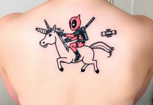 Deadpool riding unicorn pointing rocket propelled grenade launcher tattoo idea