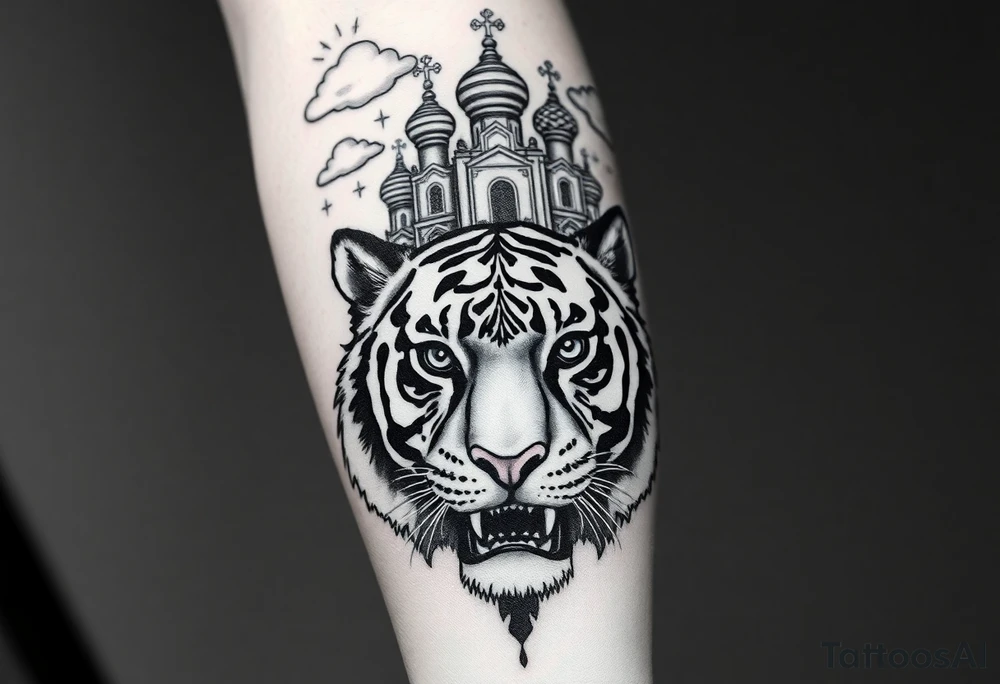 Realistic tiger face on the back of the hand with its eyes ALL black and no pupils, sitting beneath a Russian Orthodox cathedral sitting above on the top fore arm with onion domes and orthodox crosses. with clouds above and a virgin mary tattoo idea