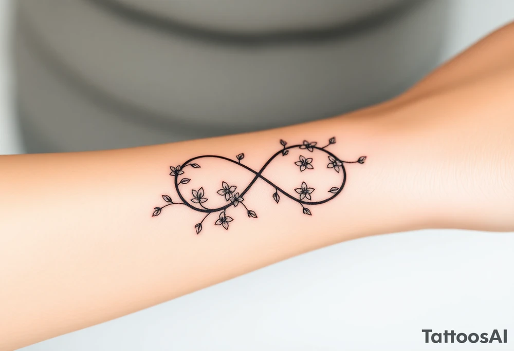 An infinity symbol including family made of intertwined vines, with delicate flowers blooming along its curves tattoo idea