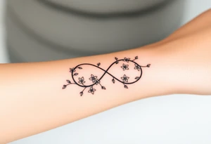 An infinity symbol including family made of intertwined vines, with delicate flowers blooming along its curves tattoo idea