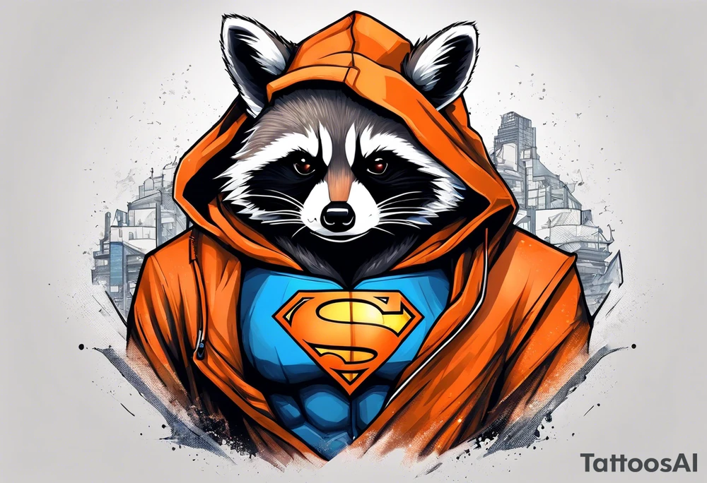 Raccoon wearing an orange Superman hoodie tattoo idea
