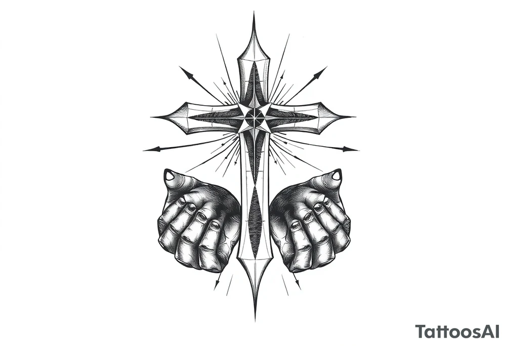 cast all your anxiety on him because he cares for you" with a cross and hands tattoo idea