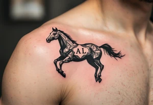 horse silhouette 
from the front which gallops from the front, with the 3 small letters discreetly integrated: M, A, L tattoo idea