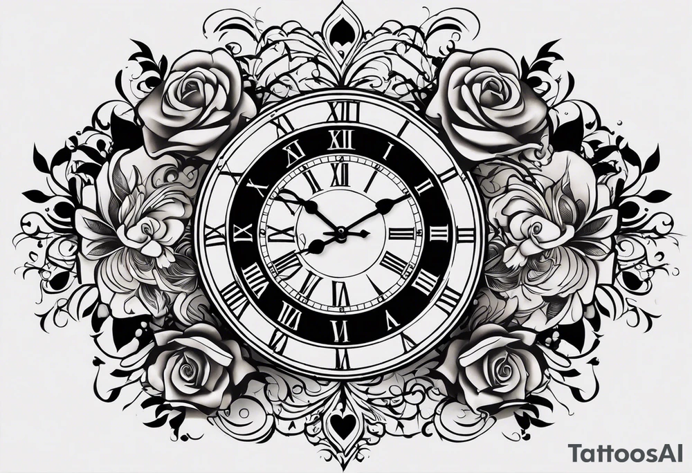 I would like a tattoo that covers the entire forearm, extending continuously and fluidly, similar to the reference photo. The design should include symbolic elements representing love and family, subtly incorporating the initials SDCM in a meaningful way. I envision a harmonious composition with elements such as a clock (symbolizing time spent with loved ones), a rose (for love), a dove (for peace and unity), or a tree of life (for family connection). The style should be realistic, in black and grey, with intricate details and smooth transitions between the elements tattoo idea