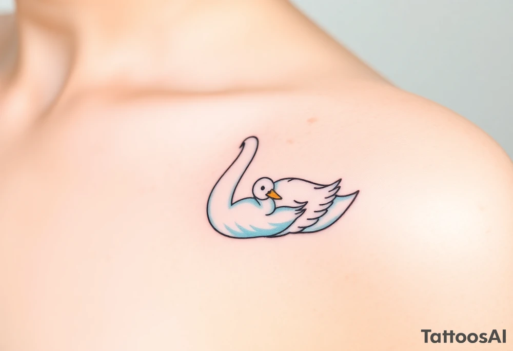 A swan with her baby duck in soft white and light blue hues, symbolizing purity and warmth tattoo idea