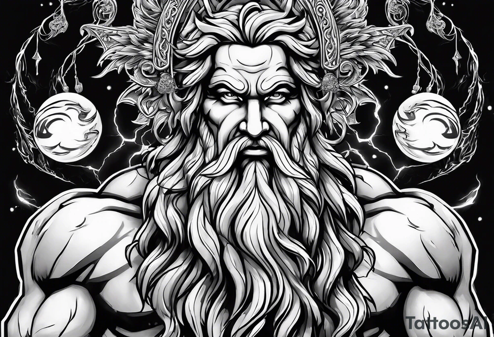 Zeus holding Lightning balls with Lightning eyes asserting dominance tattoo idea