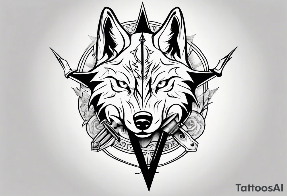 wolf head with a sword in the background tattoo idea