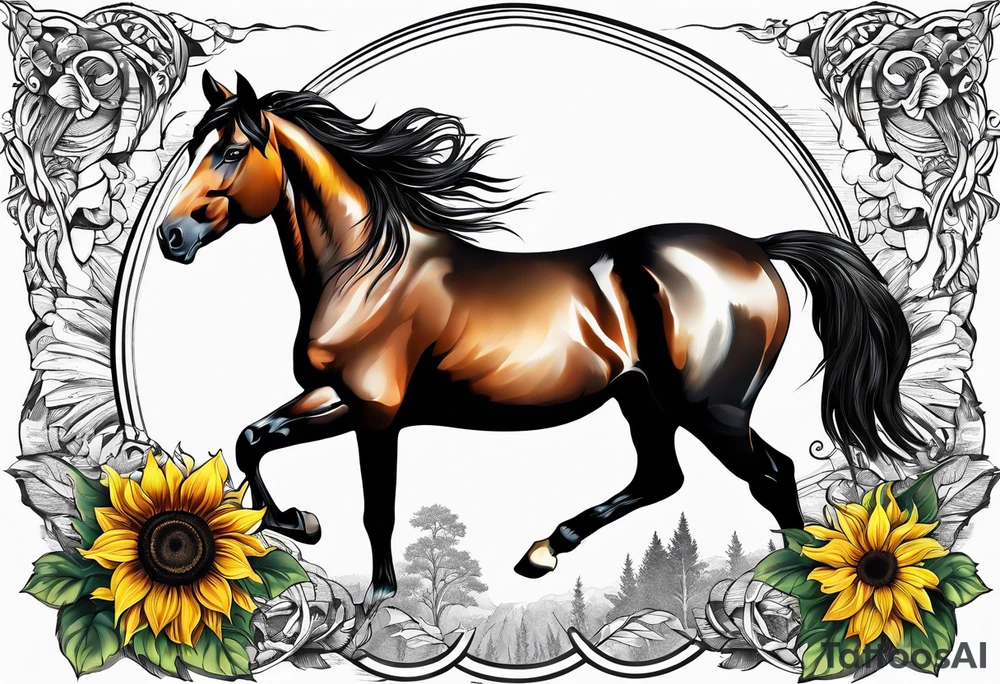 Horse, compass, sunflower tattoo idea