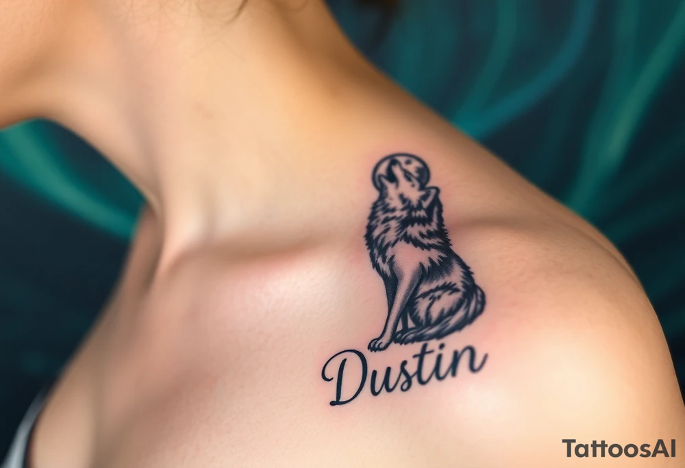 lone wolf howling at full moon with northern lights backdrop with name Dustin in it tattoo idea