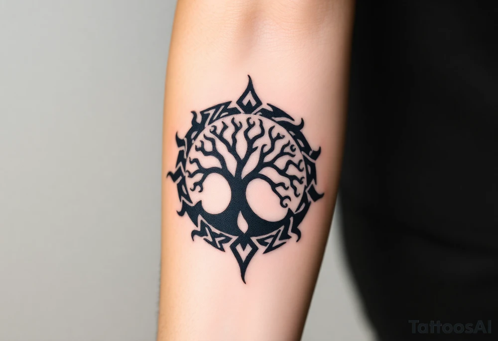 Swirling 
Tree in the sun in a spiral direction tattoo idea
