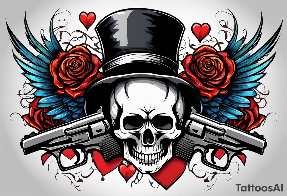 skull with a gun a  rose and dominated by a  heart with wings and  flames coming out of the top of it tattoo idea