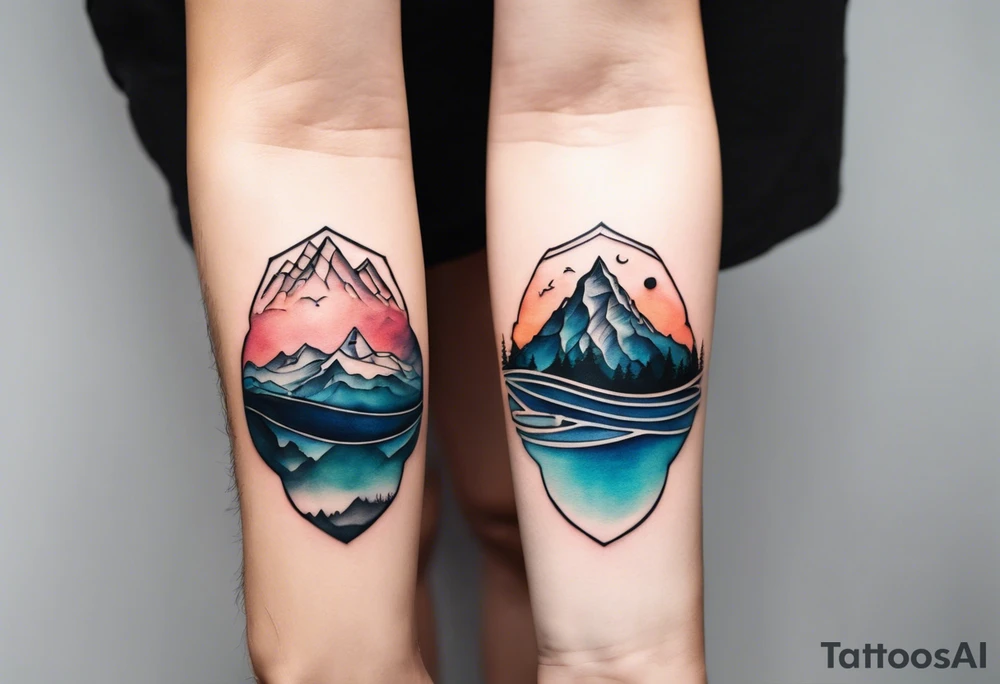 This is a minimalistic tattoo that is split into 2 sections; a top half and a bottom half. The top half is a mountain in Norway with a mountain bike trail winding down the mountain. The bottom half of the tattoo depicts an underwater scene featuring water, and sea life. tattoo idea