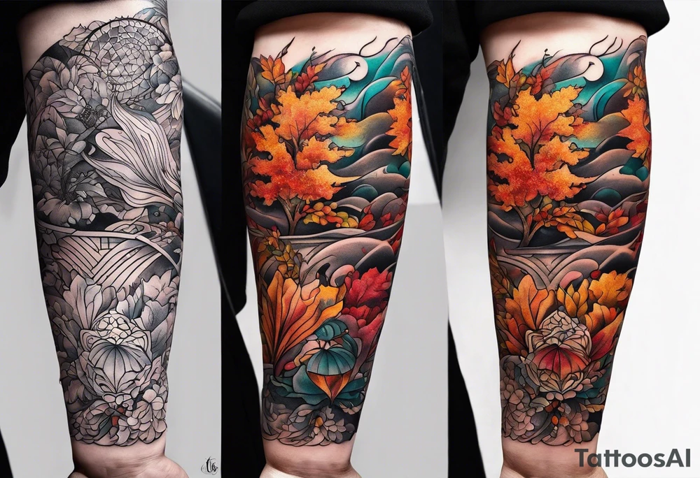 Arm Sleeve Tattoo with fall colors flat tattoo idea