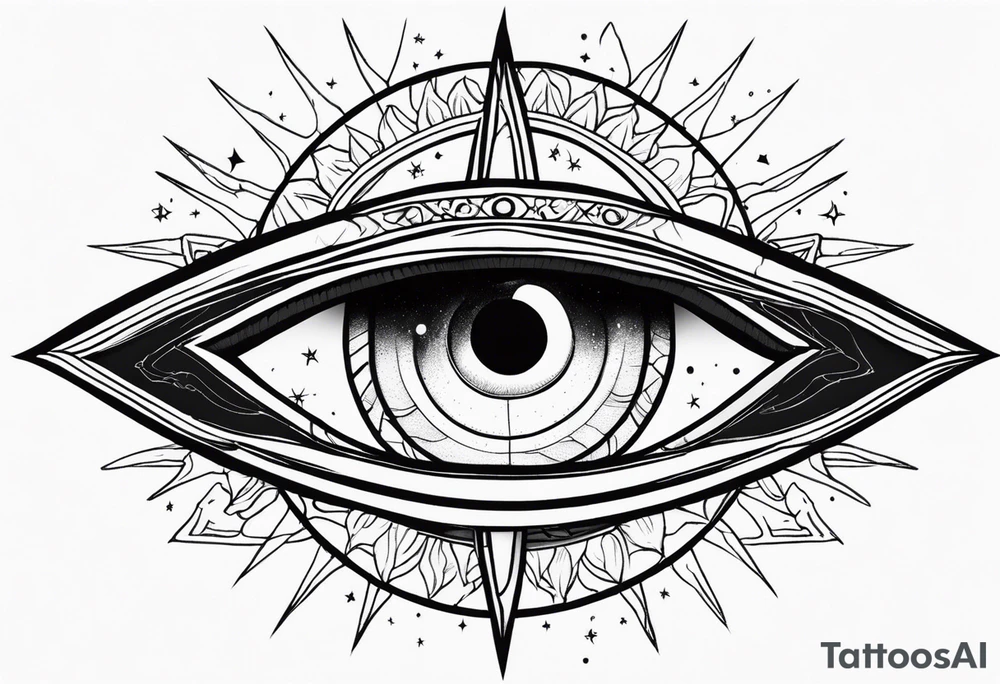 SUN(ITACHI EYE AS SUN) OVERLOOKING THE OCEAN WITH THE ORION CONSTELLATION IN THE SKY IN 9:16 tattoo idea