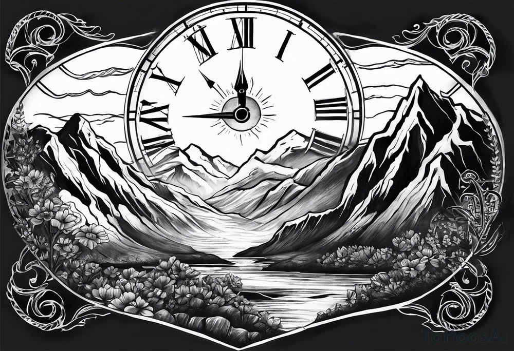 Half sleeve. View from the base of the mountains looking up to the sun. The sun is a clock that reads 12:01 to signify a new day. I want a clock tower in the middle of the mountains with the times my two sons were born. This tattoo represents overcoming massive obstacles and becoming a better person. tattoo idea