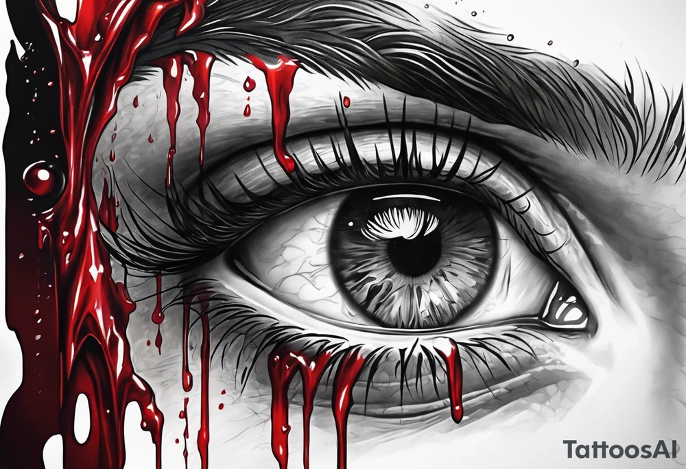 A realistic majestic human eye crying tears of blood with reflection of tragedy and death tattoo idea